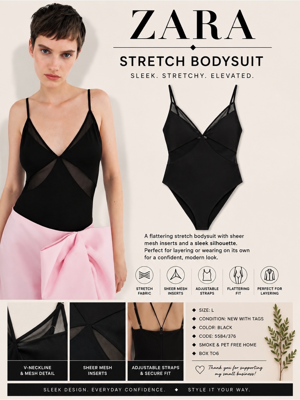 ZARA Black Stretch Mesh Insert Bodysuit NWT Size L